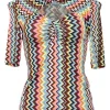 Multi-colour viscose-blend chevron stripe twist-neck keyhole-front half-sleeve sweetheart top