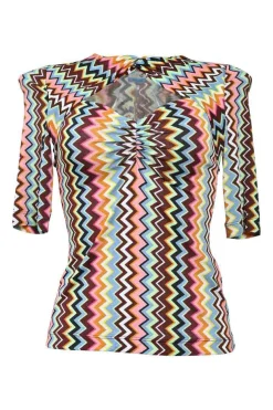 Multi-colour viscose-blend chevron stripe twist-neck keyhole-front half-sleeve sweetheart top