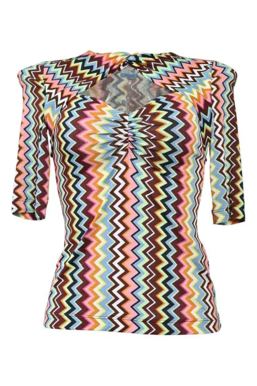 Multi-colour viscose-blend chevron stripe twist-neck keyhole-front half-sleeve sweetheart top