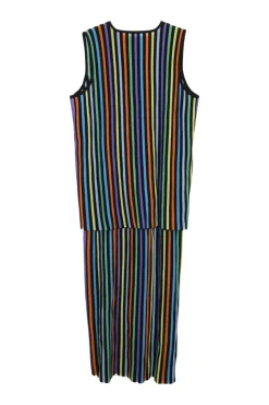 Multi-colour viscose-blend striped intarsia drop-waist cami and sun dress pullover interlock knit twin set