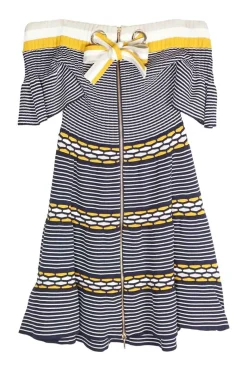 Multi-colour viscose-blend interlock knit off-shoulder flounce cuff and ribbon-tie back mini skater dress