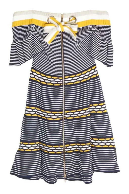 Multi-colour viscose-blend interlock knit off-shoulder flounce cuff and ribbon-tie back mini skater dress