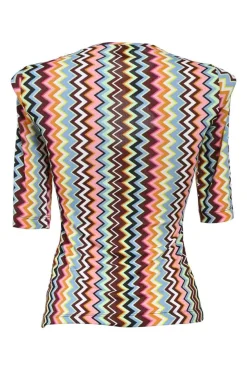 Multi-colour viscose-blend chevron stripe twist-neck keyhole-front half-sleeve sweetheart top