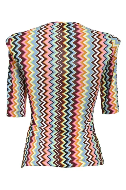 Multi-colour viscose-blend chevron stripe twist-neck keyhole-front half-sleeve sweetheart top