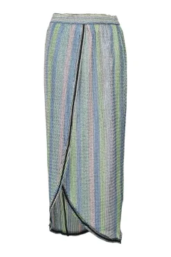 Multi-colour viscose-cotton blend crochet knit stripe sarong-style midi tulip skirt