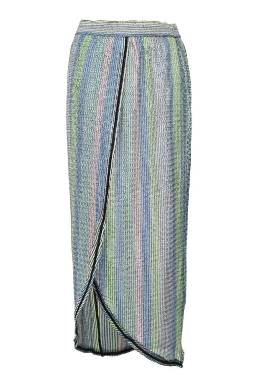 Multi-colour viscose-cotton blend crochet knit stripe sarong-style midi tulip skirt