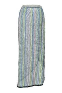 Multi-colour viscose-cotton blend crochet knit stripe sarong-style midi tulip skirt