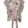 Multi-colour viscose-silk blend floral print tie-neck blouse with plissé flutter sleeves