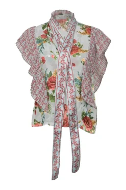 Multi-colour viscose-silk blend floral print tie-neck blouse with plissé flutter sleeves