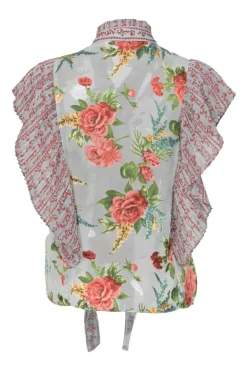 Multi-colour viscose-silk blend floral print tie-neck blouse with plissé flutter sleeves