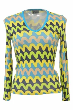 Multicolour weavy print viscose rib scoop-neck long-sleeve top