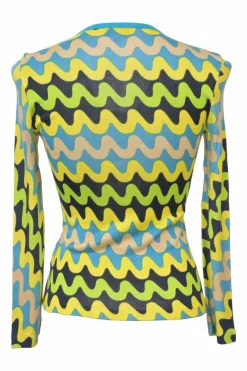 Multicolour weavy print viscose rib scoop-neck long-sleeve top