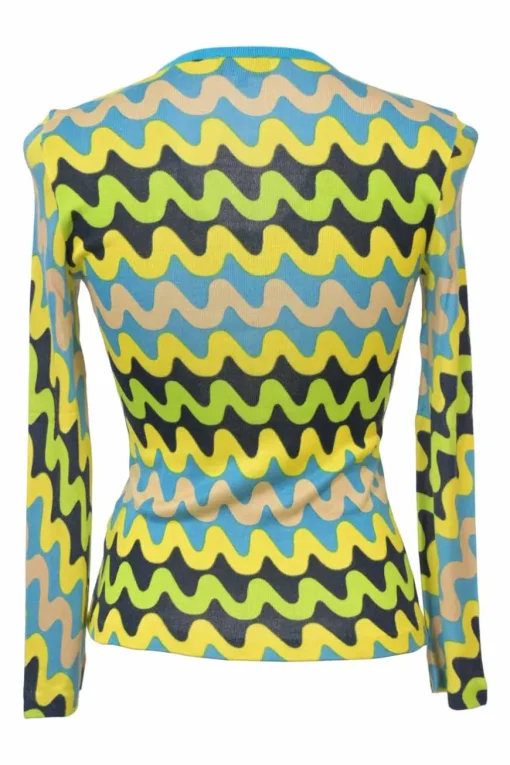 Multicolour weavy print viscose rib scoop-neck long-sleeve top