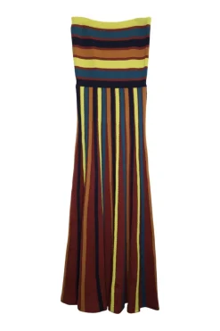 Multi-colour wool-blend herringbone tape-trimmed stripe strapless dress with knit bandeau-style bodice