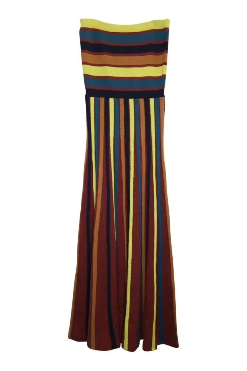 Multi-colour wool-blend herringbone tape-trimmed stripe strapless dress with knit bandeau-style bodice