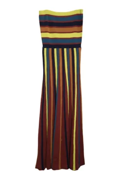 Multi-colour wool-blend herringbone tape-trimmed stripe strapless dress with knit bandeau-style bodice