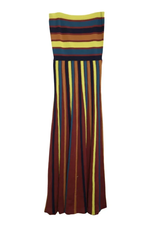 Multi-colour wool-blend herringbone tape-trimmed stripe strapless dress with knit bandeau-style bodice