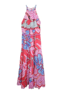 Multi-coloured cotton floral-print belted halter midi dress