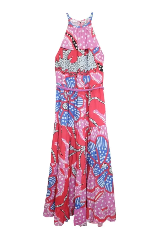 Multi-coloured cotton floral-print belted halter midi dress