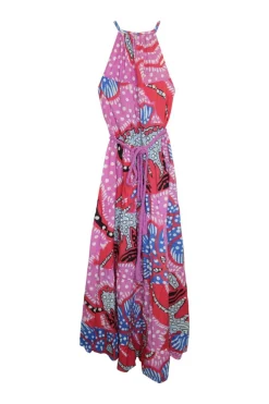 Multi-coloured cotton floral-print belted halter midi dress