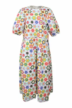 Multi-coloured cotton granny flower garden quilt digi print half sleeve tiered swing-style maxi dress