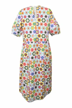 Multi-coloured cotton granny flower garden quilt digi print half sleeve tiered swing-style maxi dress