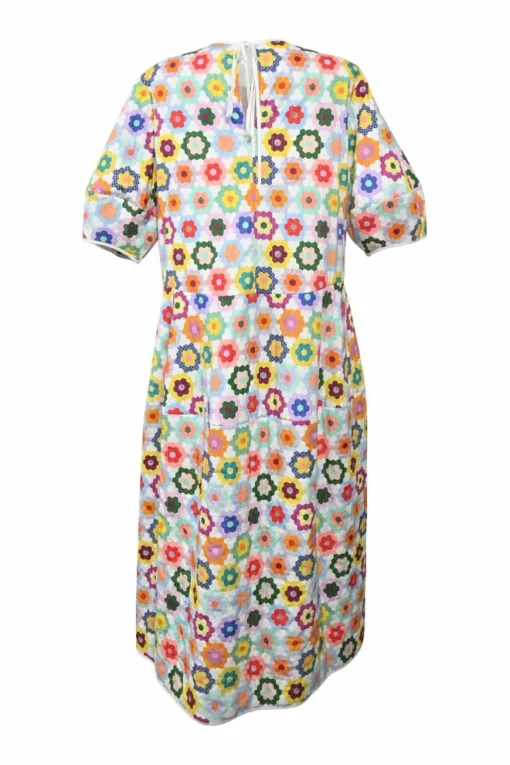 Multi-coloured cotton granny flower garden quilt digi print half sleeve tiered swing-style maxi dress