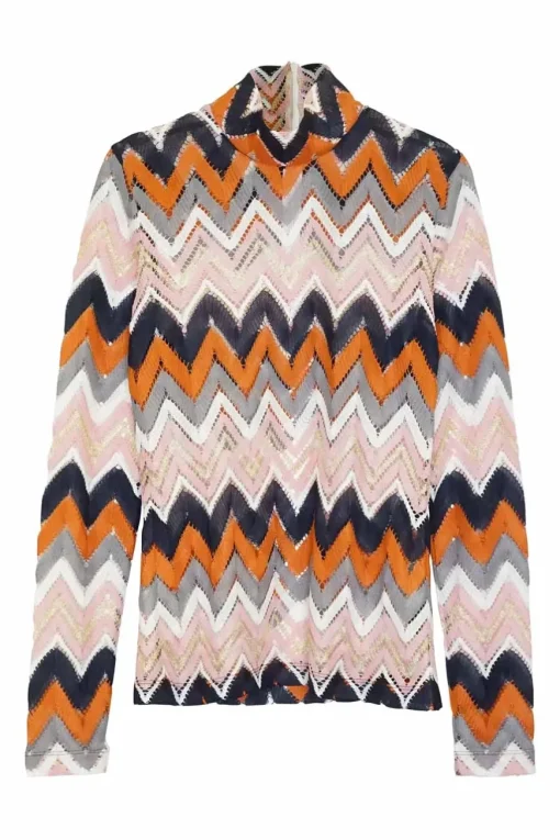 Multi-coloured herringbone polyester pointelle warp knit pullover high neck mesh top
