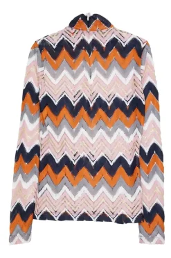 Multi-coloured herringbone polyester pointelle warp knit pullover high neck mesh top