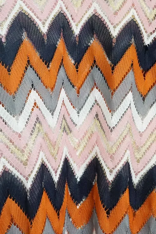 Multi-coloured herringbone polyester pointelle warp knit pullover high neck mesh top