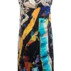 Multi-coloured silk sleeveless knee-length dress with abstract print