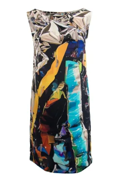 Multi-coloured silk sleeveless knee-length dress with abstract print