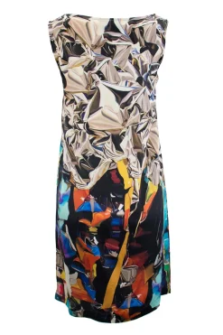 Multi-coloured silk sleeveless knee-length dress with abstract print