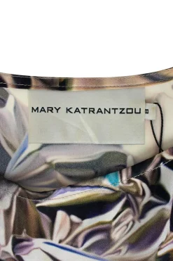 Multi-coloured silk sleeveless knee-length dress with abstract print