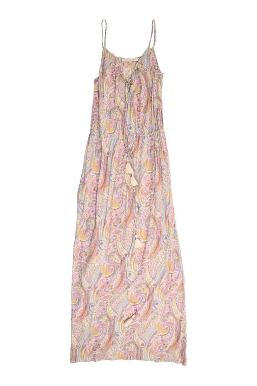 Multi-coloured viscose paisley print pullover blouson maxi slip dress with drawstring waist