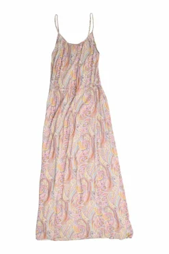 Multi-coloured viscose paisley print pullover blouson maxi slip dress with drawstring waist