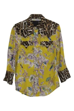 Mustard viscose patchwork dagger collar cropped cowboy shirt  featuring floral and leopard motif