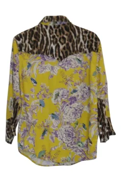 Mustard viscose patchwork dagger collar cropped cowboy shirt  featuring floral and leopard motif