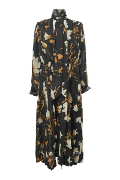 Mustard yellow and black polyester graphic floral print plunge neck pussy-bow midi dress with plissé skirt