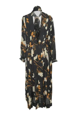 Mustard yellow and black polyester graphic floral print plunge neck pussy-bow midi dress with plissé skirt