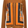 Mustard yellow cashmere-silk blend bateau neck Twillaine pullover sweater featuring 'Tatersale' foulard insert
