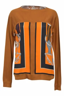 Mustard yellow cashmere-silk blend bateau neck Twillaine pullover sweater featuring 'Tatersale' foulard insert