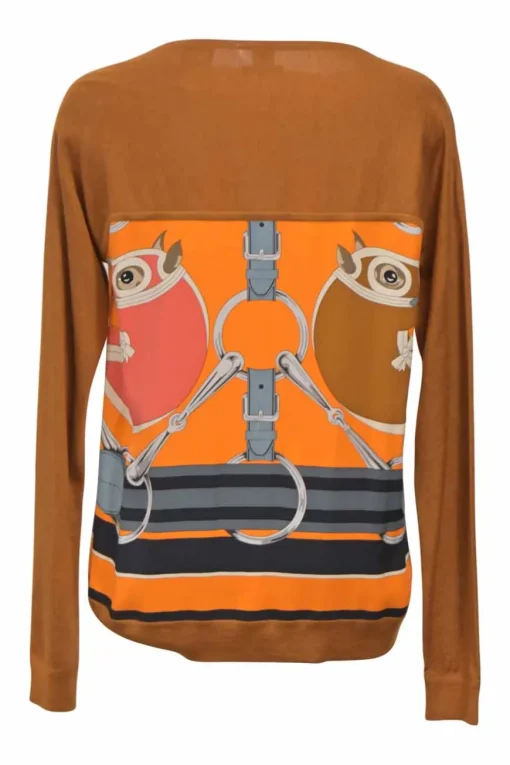 Mustard yellow cashmere-silk blend bateau neck Twillaine pullover sweater featuring 'Tatersale' foulard insert