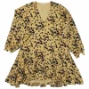 Mustard yellow cotton voile painterly leo print V-neck tiered puff sleeve swing dress