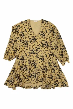 Mustard yellow cotton voile painterly leo print V-neck tiered puff sleeve swing dress