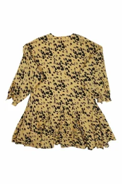 Mustard yellow cotton voile painterly leo print V-neck tiered puff sleeve swing dress