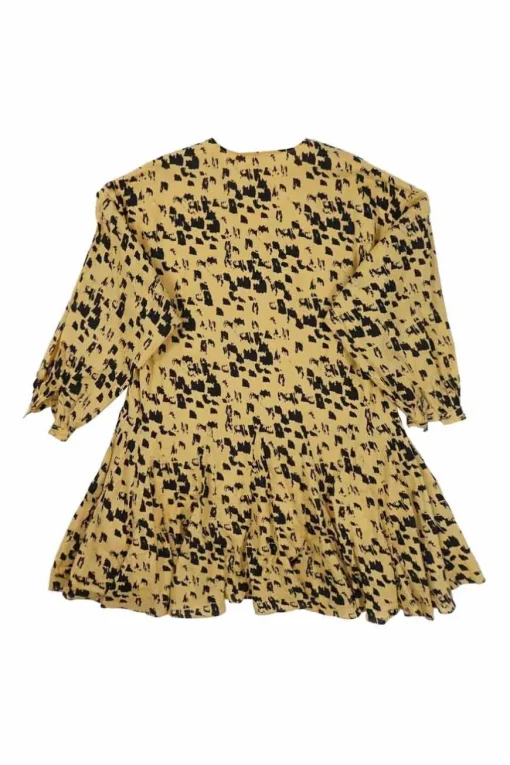 Mustard yellow cotton voile painterly leo print V-neck tiered puff sleeve swing dress