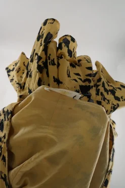 Mustard yellow cotton voile painterly leo print V-neck tiered puff sleeve swing dress