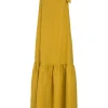 Mustard yellow draped organic linen Grecian neck swing-style shift dress with gathered neckline and self-tie fastening at nape