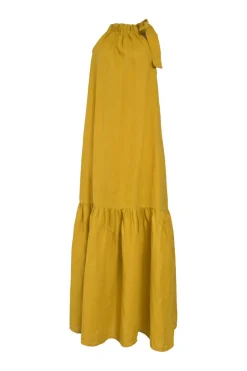 Mustard yellow draped organic linen Grecian neck swing-style shift dress with gathered neckline and self-tie fastening at nape